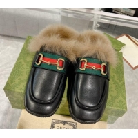 Top Design Gucci Flat Mules with Horsebit and Web in Leather and Wool Black 117034