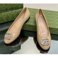 Buy Discount Gucci Ballet Flat with Crystals Double G in Patent Leather Apricot 204096