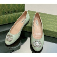 Feminine Gucci Ballet Flat with Crystals Double G in Patent Leather Light Green 204097