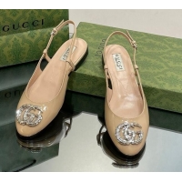 Popular Style Gucci Slingback Ballet Flat with Crystals Double G in Patent Leather Apricot 204099