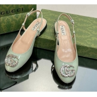 Good Product Gucci Slingback Ballet Flat with Crystals Double G in Patent Leather Light Green 204100