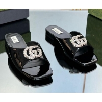 Lowest Price Gucci Flat Slide Sandals with Crystals Double G in Patent Leather Black 204101