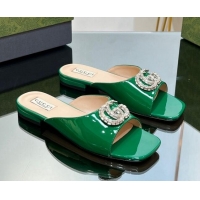 Big Discount Gucci Flat Slide Sandals with Crystals Double G in Patent Leather Green 204103