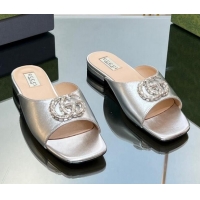 Cheapest Gucci Flat Slide Sandals with Crystals Double G in Patent Leather Silver 204104