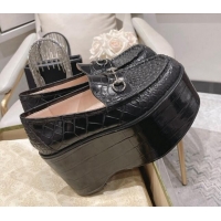 Trendy Design Gucci Ancra Platform Wedge Loafers in Crocodile Leather with Horsebit Black 204108