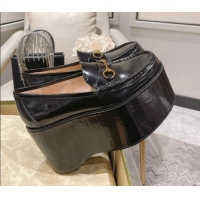 Charming Gucci Ancra Platform Wedge Loafers in Shiny Leather with Horsebit Black 204109