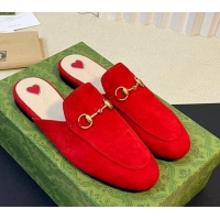 Luxury Discount Gucci Princetown Suede Flat Slippers Red 205005