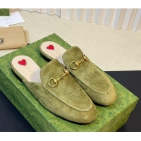 Luxury Gucci Princetown Suede Flat Slippers Green 205006