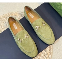 Unique Style Gucci Jordaan Suede Loafers with Crystals Green 205022