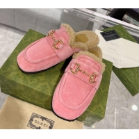 Best Price Gucci Flat Mules with Horsebit in Suede and Shearling Light Pink 205032