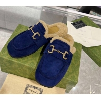 Top Design Gucci Flat Mules with Horsebit in Suede and Shearling Dark Blue 205033