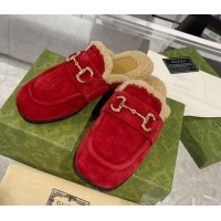 Best Price Gucci Flat Mules with Horsebit in Suede and Shearling Red 205034