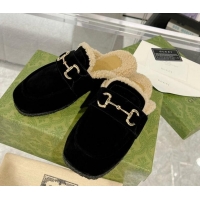 Pretty Style Gucci Flat Mules with Horsebit in Suede and Shearling Black 205035