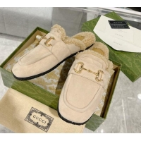 Purchase Gucci Flat Mules with Horsebit in Suede and Shearling Light Beige 205036