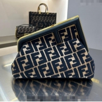 Promotional Fendi First Small Bag in Raffia Straw with Black tapestry fabric FF motif F1019 2023