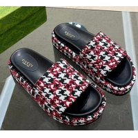 Pretty Style Gucci Houndtooth Canvas Platform Slide Sandals with GG Embroidery Red 215126