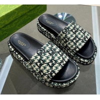 Best Grade Gucci Houndtooth Canvas Platform Slide Sandals with GG Embroidery Green 215127