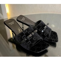 Classic Hot Gucci GG Velvet Heel Slide Sandals 7cm Black 215129