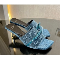 Good Quality Gucci GG Velvet Heel Slide Sandals 7cm Blue 215131