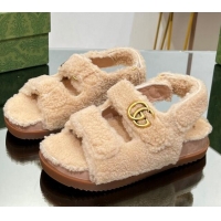 Top Grade Gucci Merino Wool Flat Sandals with Double G Beige 215133