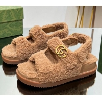 Best Price Gucci Merino Wool Flat Sandals with Double G Brown 215134