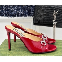 Popular Style Gucci Horsebit 1955 High Heel Slide Sandals 9.5cm in Patent Leather Dark Red 218005