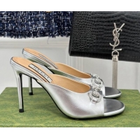 Unique Style Gucci Horsebit 1955 High Heel Slide Sandals 9.5cm in Patent Leather Silver 218007