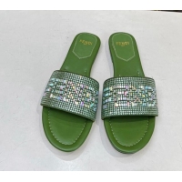 Best Product Fendi Signature Flat Slide Sandals with Crystals Green 215073