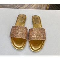 Low Price Fendi Signature Flat Slide Sandals with Crystals Gold 215074