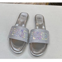 Durable Fendi Signature Flat Slide Sandals with Crystals Silver 215075