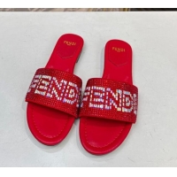 Best Grade Fendi Signature Flat Slide Sandals with Crystals Red 215076