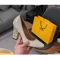 Unique Style Fendi High Heel Pumps 9cm in Crocodile Embossed Leather White 215082