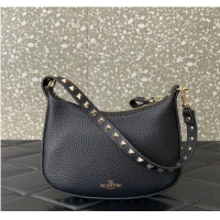 Trendy Design VALENTINO Rockstud calfskin small HOBO bag AG098 Black