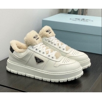 Hot Style Prada Leather and Shearling Sneakers White 106007