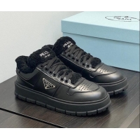 Duplicate Prada Leather and Shearling Sneakers Black 106008