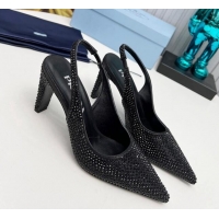 Best Grade Prada Crystal Allover Slingback Pumps 8.5cm Black 118010