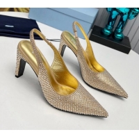 Low Price Prada Crystal Allover Slingback Pumps 8.5cm Gold 118011