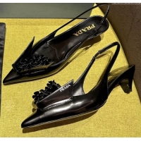 Lower Price Prada Brushed leather slingback pumps 4.5cm with floral appliques Black 202040