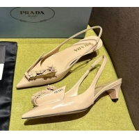 Discount Prada Brushed leather slingback pumps 4.5cm with floral appliques Nude 202042 