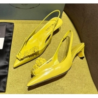 Stylish Prada Brushed leather slingback pumps 4.5cm with floral appliques Yellow 202044