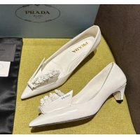 Sophisticated Prada Brushed leather pumps 4.5cm with floral appliques White 202046