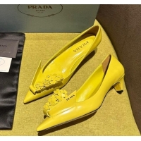 Good Quality Prada Brushed leather pumps 4.5cm with floral appliques Yellow 202049