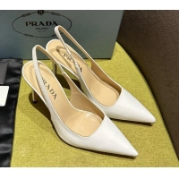 Shop Duplicate Prada Patent-leather slingback pumps 9cm with Back Logo Optic White 202052