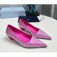 Top Design Prada Satin Pumps 4cm with Crystals Dark Pink 204001