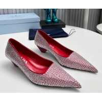 Grade Quality Prada Satin Pumps 4cm with Crystals Red 204007