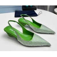 AAAAA Prada Satin Slingback Pumps 4cm with Crystals Green 204010