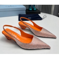 Duplicate Prada Satin Slingback Pumps 4cm with Crystals Orange 204014