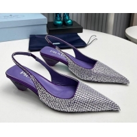 Pretty Style Prada Satin Slingback Pumps 4cm with Crystals Purple 204017