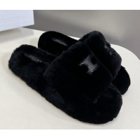 Cheap Price Celine Wool Fur Flat Slide Sandals with Triomphe Black 1218110