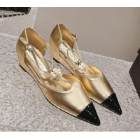 Discount Chanel Patent Leather Wedge Mary Janes Pumps with Bloom Gold 120018